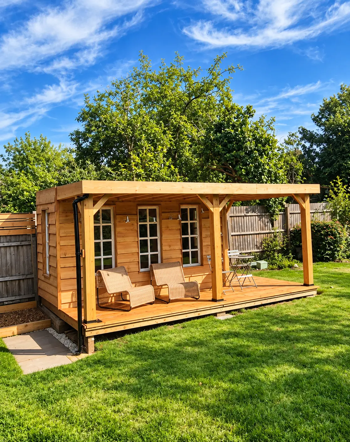 A wooden garden summer house with a covered porch and seating area, surrounded by lawn and mature trees